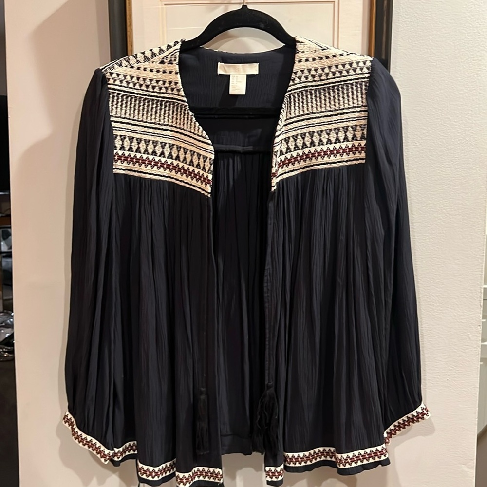 H&M Navy open cardigan with embroidery and tassle. Size 10